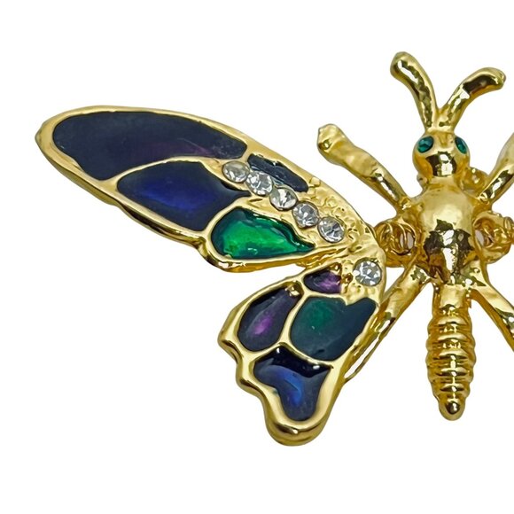 Gold Tone Rhinestone & Enamel Butterfly Brooch With Articulating Wings (5902) - Picture 2 of 6